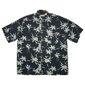 Bobby Chan 100%‎ Silk Hawaiian Shirt Men XL Black Floral Loop Collar